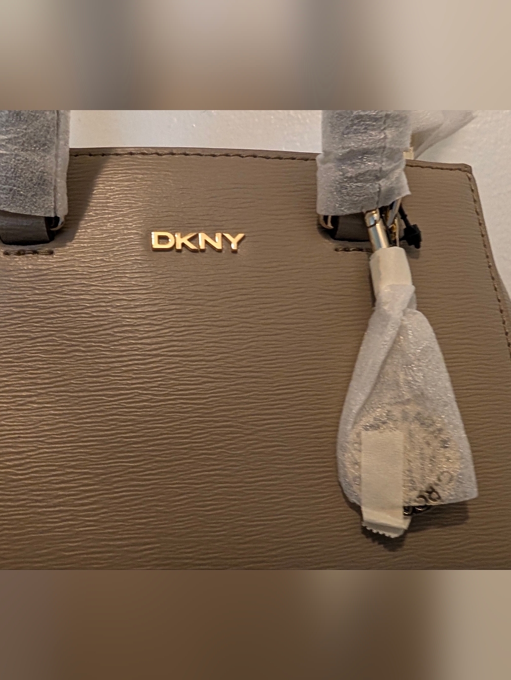 Dkny Taupe Leather Tote With Gold Logo